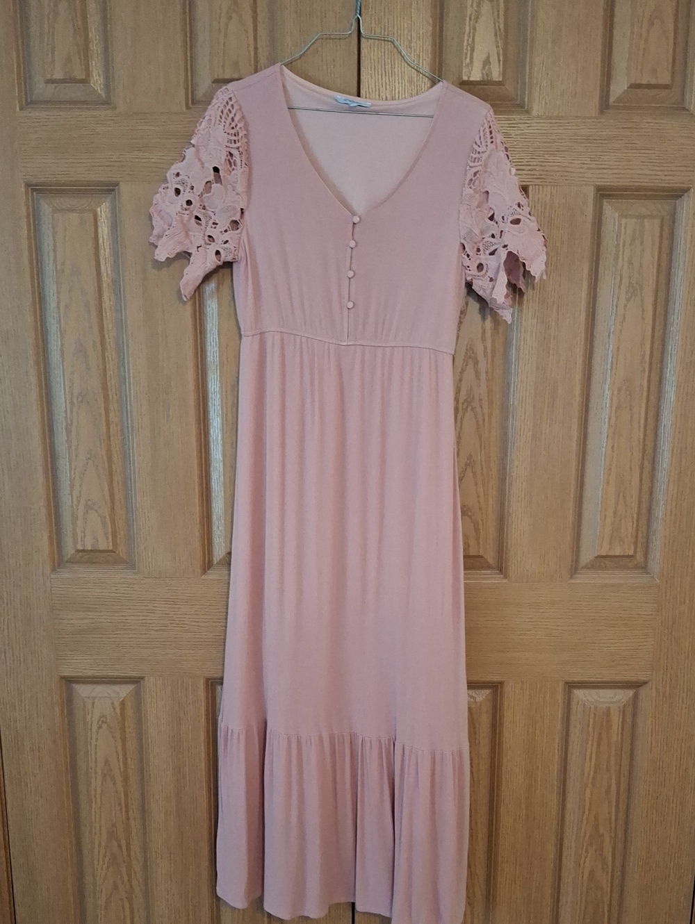 Blush Pink V-Neck Lace Sleeve Midi Dress